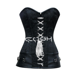 คอร์เซ็ททรงโอเวอร์บัสต์แบบยาวสีดำ ผ้าไหมโบรเคดเสริมโครงเหล็ก พร้อมริบบิ้นด้านหน้าและเชือกผูกแน่น - Product Image 1