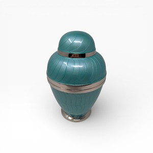 Urne funéraire moderne vert sarcelle avec un design incurvé lisse et une bande argentée pour une exposition commémorative élégante - Product Image 1