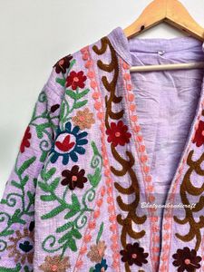 Elegante Chaqueta Larga Suzani para Mujer, Abrigo de Invierno Bordado a Mano con Relleno de Algodón Acolchado, Vestido Corto para Playa - Product Image 6