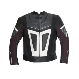 Veste en cuir noir vintage pour moto en cuir de vachette avec bandes blanches, protection CE et version simple - Product Image 4