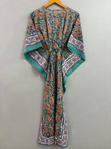 100% algodón Maxi Beach Coverup Top naranja Paisley estampado caftán hasta el suelo ropa de dormir informal cintura Natural bloque estampado elegante - Product Image 6