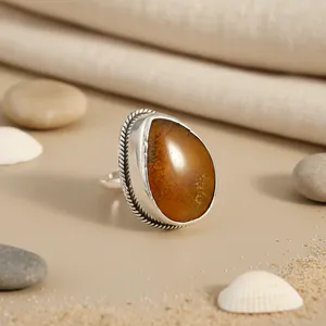 Anillo de Cóctel Bohemio de Plata 925 con Ágata, Engaste de Bisel con Piedra Natural, Anillo de Moda Unisex para Uso Diario, Regalo - Product Image 2