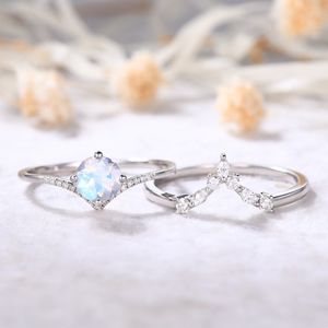 Vente chaude pur solide 14k or bague de fiançailles de mariage arc-en-ciel pierre de lune et diamant couronne forme attrayant ensemble de bagues pour les femmes - Product Image 2
