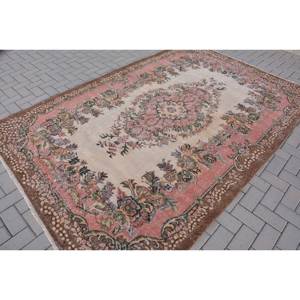 Alfombra turca vintage clásica rosa beige 6,2x9,3 pies tejido de retazos de lana para sala de estar respaldo de látex patrones de rompecabezas rectangulares - Product Image 2