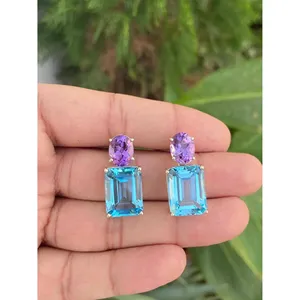 925 Sterling Silver <b>Drop</b> <b>Earrings</b> with Blue Topaz & Amethyst Fashion Jewelry - Product Image 1