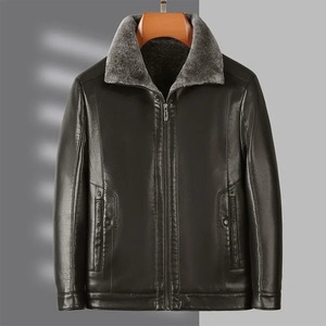แจ็กเก็ตหนังแท้บุผ้าแคนวาสหนาสำหรับชายสูงอายุวัยกลางเสื้อหนาวทรงหลวมลำลอง - Product Image 6