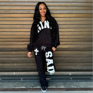 Streetwear d'hiver vintage personnalisé, ensemble de jogging avec fermeture éclair et délavage à l'acide, sweat à capuche, pantalon de survêtement évasé à jambe droite, pantalon de survêtement unisexe - Product Image 1