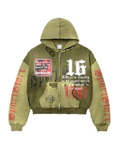 Haute qualité 500 Gsm coton en détresse Vintage Zip Hoodie pour hommes-Acid Wash Graphic Rhinestone Heavyweight Woven Solid Hoodie - Product Image 5