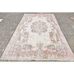 Tapis turc vintage en laine 5,8x9,2 pieds, gris, patchwork, design abstrait, avec support en latex écologique - Product Image 1