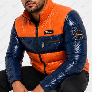 Chaqueta Acolchada Tiierwear para Hombre, Color Naranja y Azul Marino, con Bloques de Color, Cierre de Cremallera, Cuello Alto, Cortavientos, Abrigo Casual de Invierno - Product Image 6