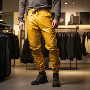 Wholesale Fashion Leather Pants <b>Men's</b> OEM Yellow PU Leather <b>Trouser</b> Pant <b>Men</b> High <b>Elastic</b> Waist Genuine Leather Pants Boys - Product Image 2