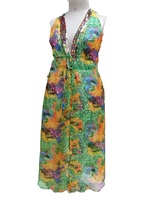 Robe longue dos nu en soie georgette pour femme, style artistique Resort Bloom, col halter, dos ouvert