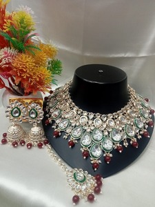 Trending Fancy Collection Rose Silver-Plated Kundan Bridal Choker <b>Necklace</b> <b>Set</b> with Green Enamel & <b>Pearl</b> Drop Jhumka Earrings - Product Image 6