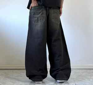 Jeans vintage délavés à l'acide pour hommes, coupe droite, ample et baggy, grande taille, avec logo personnalisé brodé, style streetwear - Product Image 3