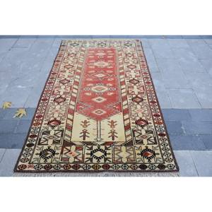 Alfombra de lana auténtica, color rojo y beige, 4,1x6,7 pies, estilo Kilim, área grande, alfombras rectangulares turcas, respaldo de látex para pasillo, 10mm de espesor - Product Image 1