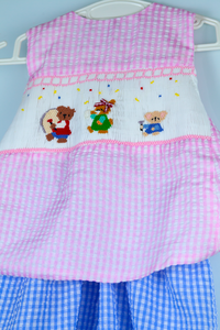 Smocké filles été robe à couches rose bleu solide ours broderie haute qualité vêtements pour enfants k-broderie Style doux - Product Image 5