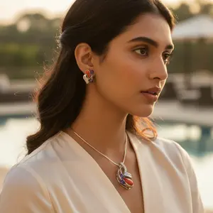 Juego de Aretes de Plata con Coral y Piedras Preciosas para Mujer, Joyería Fina Chapada en Oro con Circonita y Perla para Fiestas, Bodas y Regalos - Product Image 3