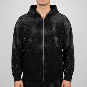 Men's Black Rhinestone <b>Hooded</b> <b>Zip</b>-Up Sweatshirt Regular Fit Acid Wash Dot Pattern Casual Streetwear Autumn Wear - Product Image 1