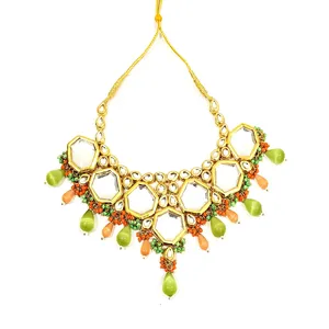 Ensemble de collier Monalisa en pierre verte orange Meenakari Kundan plaqué or, bijoux fins pour mariages et cadeaux, avec perle - Product Image 3