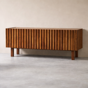 Meuble TV VERTICO en bois de manguier massif à nervures |   Meuble de rangement pour salon avec 2 étagères et 2 compartiments |   Hôtel Moderne - Product Image 3