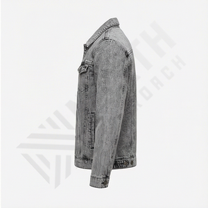 แจ็คเก็ตยีนส์สีเทาล้วนแบบสั่งทำพิเศษสำหรับผู้ชายปี 2025 พิมพ์โลโก้ได้ ผ้าระบายอากาศ ทรงโอเวอร์ไซส์ สไตล์สูงสำหรับผู้ชาย - Product Image 3