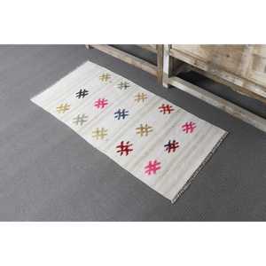 Tapis Kilim, tapis vintage 1,8x3,8 pieds, tapis blanc uni en laine - Product Image 4