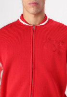 Chaqueta universitaria roja y blanca de alta calidad con logotipo personalizado para hombre, bombardero de béisbol con letras universitarias, puños acanalados con cuello de plumón
