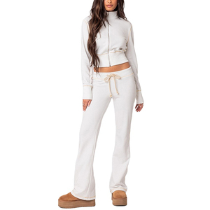 Women 2 Piece Knitted Tracksuit Set Full Sleeve <b>Turtleneck</b> <b>Crop</b> <b>Top</b> Flared Pants Solid White Casual All Seasons Loose Fit - Product Image 1