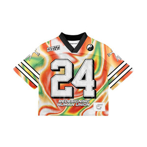 Hip Hop Rétro High Street Boxy Maillot De Football À Manches Courtes Logo Personnalisé Col En V Polyester En Gros Pas Cher Streetwear T-Shirt - Product Image 1