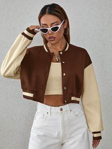 Blouson aviateur en cuir véritable pour femme, style universitaire, deux tons, court, marron, pour streetwear, broderie - Product Image 3
