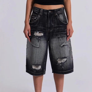 Baggy Breathable Casual <b>Mens</b> Denim <b>Shorts</b> Summer <b>Knee</b> <b>Length</b> Distressed Light Wash with Embroidery for Streetwear - Product Image 4