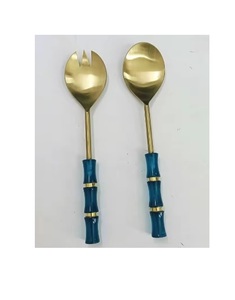 Unique Stainless Steel Silver Style Gold Handle Stainless Steel Salad <b>Server</b> Set Resin Handle Salad <b>Server</b> Set - Product Image 4