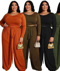 เซ็ตกางเกงสองชิ้นสำหรับผู้หญิงเสื้อครอปแขนยาวลำลองแฟชั่นถักสีล้วนโลโก้ตามสั่ง - Product Image 2