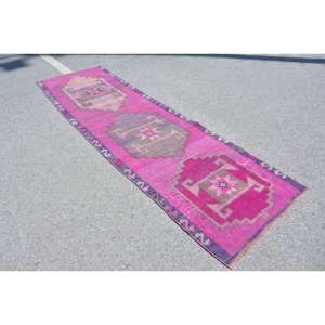 Vintage Large Area 3 X 10.5ft <b>Turkish</b> <b>Rug</b> Handmade Pink Purple Wool Latex New Rectangle Abstract Patchwork for Hallway Room <b>Rug</b> - Product Image 3