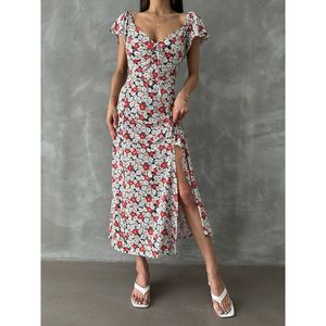 Robe en coton et polyester tricoté à imprimé floral rouge TOPSHOW pour femmes - Robe élégante mi-longue décontractée - Product Image 4