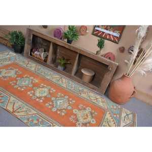 พรมตุรกีขนาด 3.9x9.3 ฟุต พรมวินเทจ ลายต้นไม้และพืชสีส้มน้ำเงิน พรมขนสัตว์ - Product Image 4