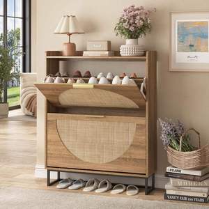 Foldable Slim 2-Layer <b>Rattan</b> Shoe <b>Storage</b> Functional Design with Non-Slip Feet - Product Image 1