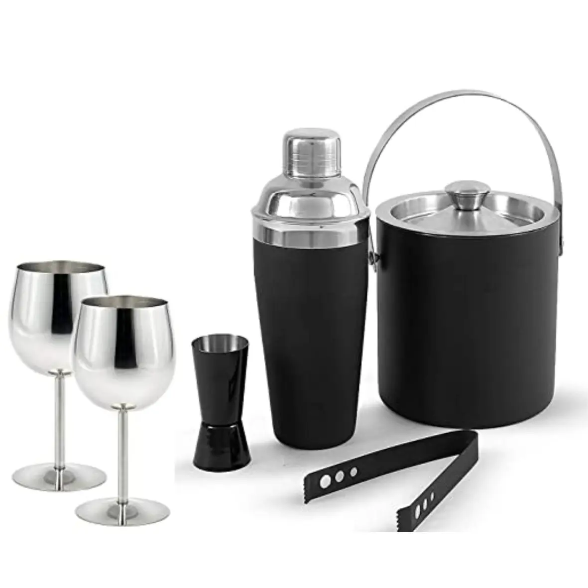 Luxuriöse Bar Tools Cocktail Shaker mit Eis kübel beschichtet Black Sheet Set von 6 Stück mit Schnaps glas und Eis zange für Zuhause/Party