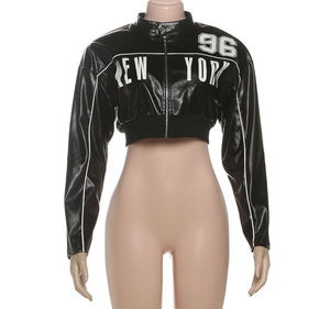 Veste bomber courte en cuir PU avec fermeture éclair, imprimé lettres, patchwork, pour femmes - Product Image 4