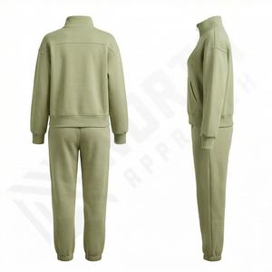 Customized High Quality Women <b>Sweatshirt</b> Stand Collar Long Sleeve Half <b>Zip</b> 100% Cotton Hoodies Regular Sports Pants Short Set - Product Image 2