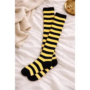 Black and Yellow Striped <b>Knee</b>-<b>High</b> <b>Socks</b> Multi-Circle Patterned Fabric Knitted Daily Usage for Boys - Product Image 2