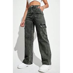 Pantalon cargo en jean gris tendance Y2K pour femme, coupe ample, taille haute, extensible, multipoches, style décontracté urbain, tailles 26 à 40 - Product Image 1