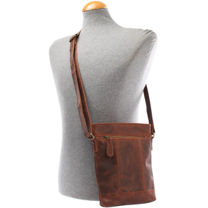 Sac bandoulière élégant en cuir véritable brun ciré style bohème avec rivets et boutons, design écoresponsable, fermeture éclair détachable - Product Image 5