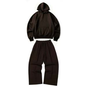 Sudadera con Capucha Orgánica GOTS + Pantalones Deportivos Holgados con Pliegues, Color Marrón Mocha, Ultra Pesado 520GSM, Estampado - Product Image 1