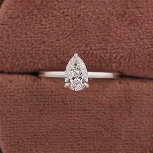 Anillo de compromiso de diamante solitario, corte de pera, Diamante de laboratorio, boda, Diamante cultivado, anillo de oro blanco sólido nupcial - Product Image 1