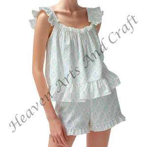 Conjunto de pijama corto con estampado de bloques de mano con algodón suave para mujer Primavera/Verano Floral ajustado con tiras y volantes - Product Image 5