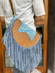 New Western Style <b>Suede</b> Metallic Fur Fringe Handbag Stylish Women Sky Blue Color Fringe <b>Bags</b> High Quality Women - Product Image 3