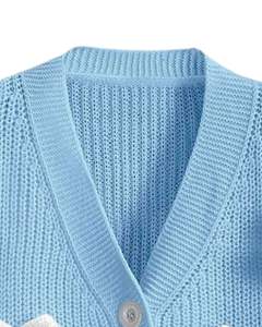 Customized <b>Women</b> Sky Blue Cropped Knit <b>Cardigan</b> Sweater With <b>White</b> Bow Applique V Neck Button Front Cute Winter Fashion Top - Product Image 4