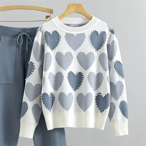 Chic 2 pièces femmes Sport survêtements à la mode printemps Sport pulls haut sarouel broderie perle coeur forme tricot - Product Image 6