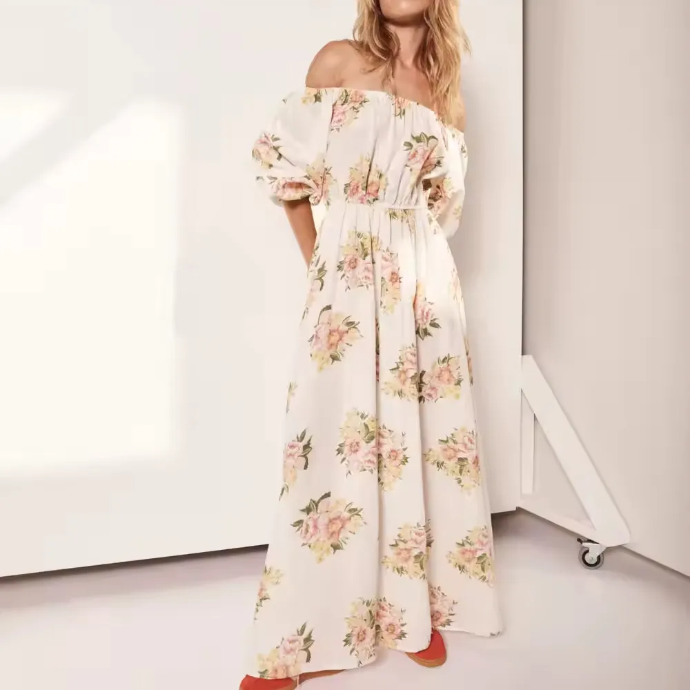 فستان ماكسي صيفي كاجوال بكتف واحد من الكتان مزين بالورود للسيدات